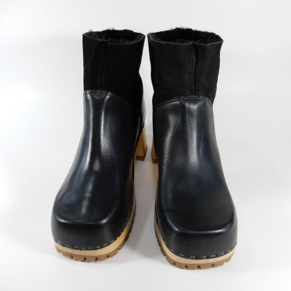 MIA Josi Platform CLOGS Boots Size 8 Black Leather Sheep Fur Wooden Heel NWOB - Picture 5 of 10